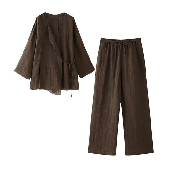 Damski | Komplet Loungewear | Kimono | Szerokie Spodnie | Lniana Mieszanka | Relaxed Fit