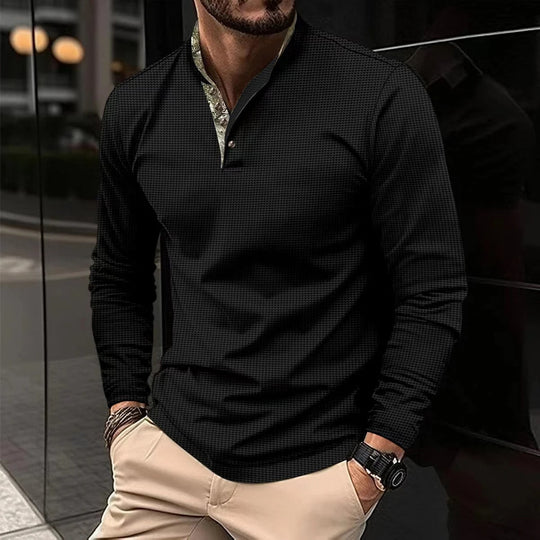 Męskie Polo z Długim Rękawem | Kolorowy Kołnierzyk | Zapięcie na Guziki | Regular Fit | Smart Casual i Biuro