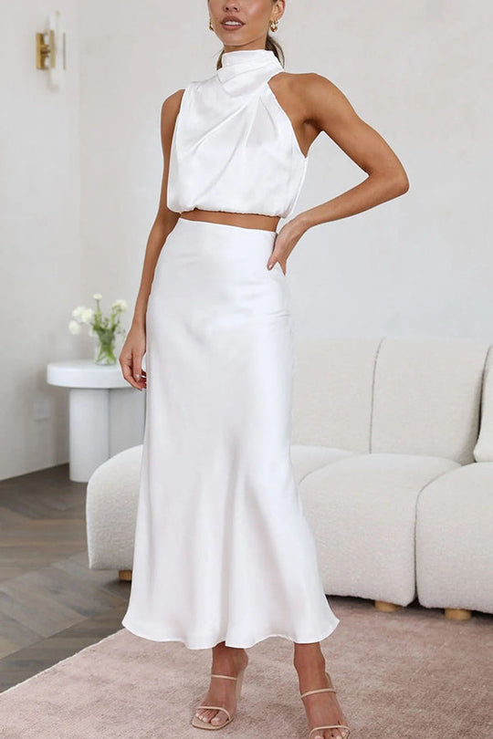 Kobieta | Elegancki Zestaw 2-częściowy | Spódnica Maxi | Top z Odkrytymi Plecami | Styl Wieczorow